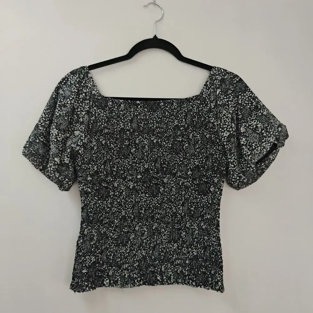 Anthropologie‎ Aurelia Smocked Top Black & White Floral S Puff Sleeve